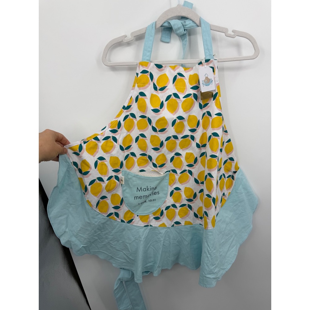 Candace Lemon Print Apron Women One Size Blue Yellow Ruffle Bible Verse NWT